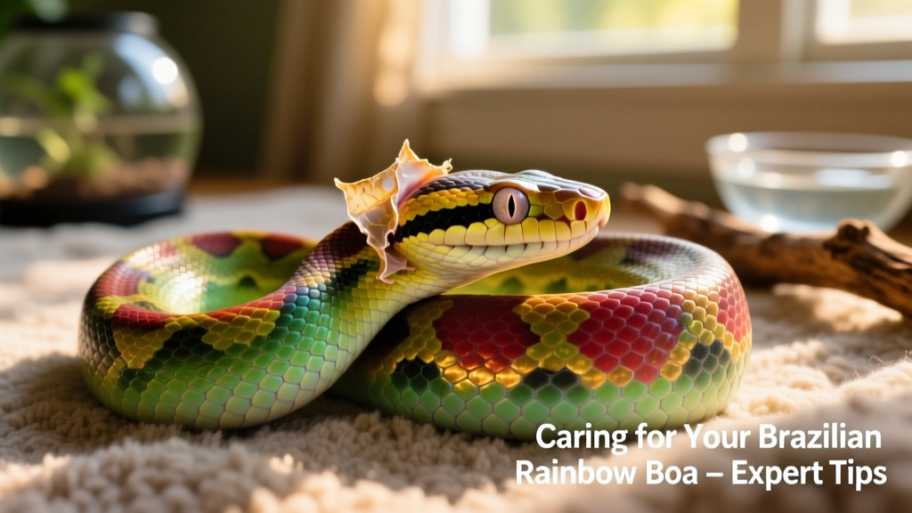 Brazilian rainbow boa mid-shed, with cloudy eyes and visible separation of old skin near the head