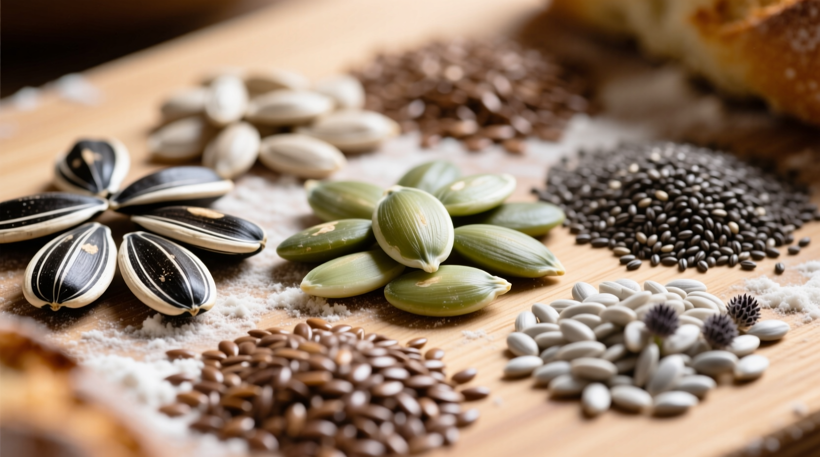 Close-up view of various seeds commonly found in artisan bread loaves