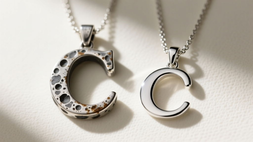 Macro view of a tarnished 925 sterling silver letter C pendant next to a bright, untarnished Argentium silver initial necklace.