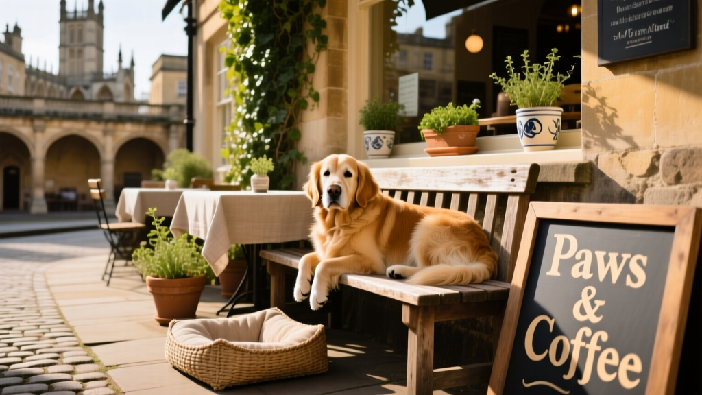 Outdoor seating area of a charming dog-friendly café in Bath, with a golden retriever resting beside a wooden bench