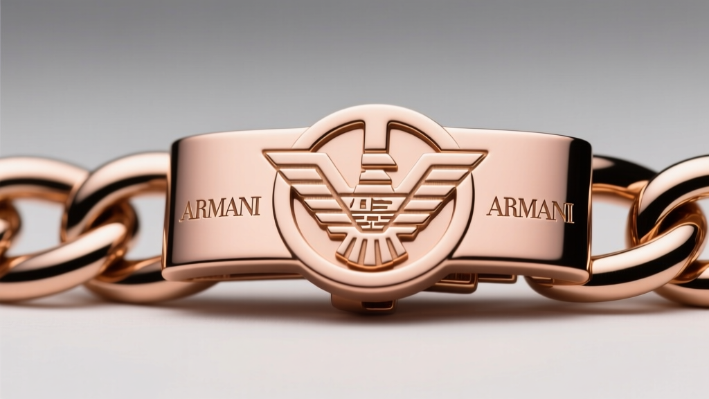 Macro shot of Armani steel chain clasp with PVD rose gold coating, showing laser hallmarks and a polished geometric eagle motif.