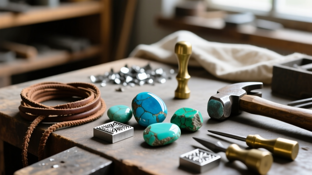 Close-up of a silversmith workbench showing raw turquoise cabs, leather cords, and vintage stamping tools for Western jewelry