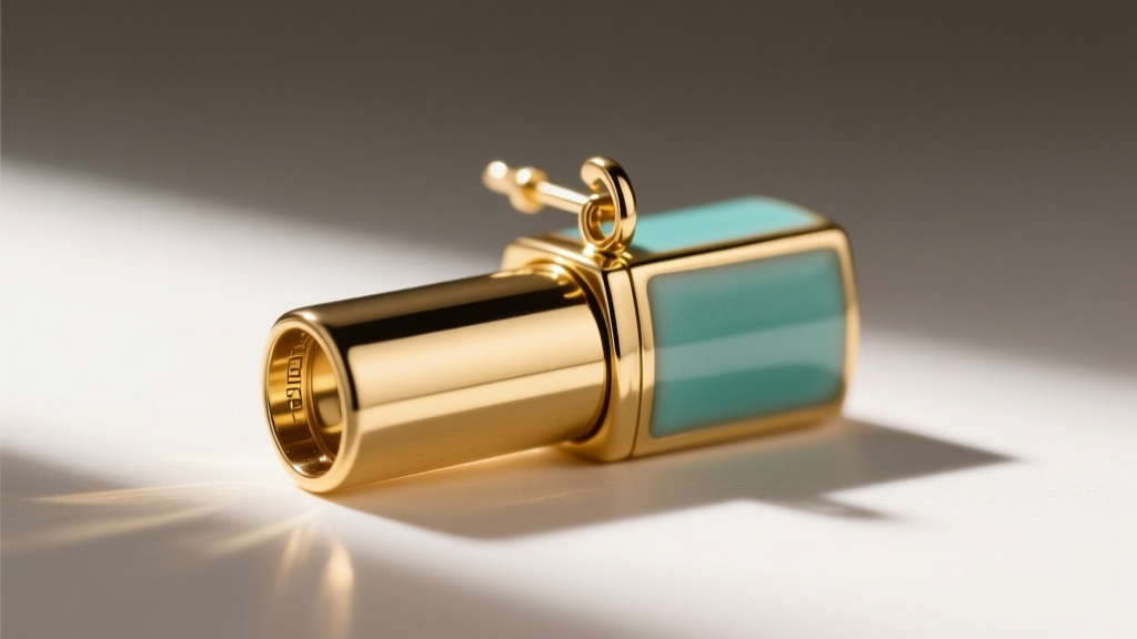Macro photography of a gold vermeil lipstick tube earring showing the contrast between polished metal and cold vitreous enamel