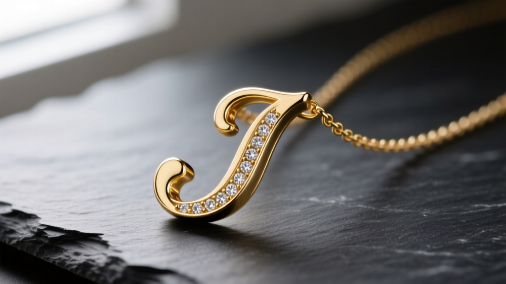Close-up of a solid 14k gold J letter necklace on dark slate, highlighting the brushed finish and diamond-accented serif font details