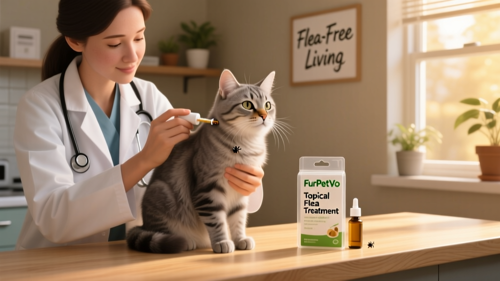 A veterinarian holding a cat while applying a topical flea treatment, with labeled FurPetVo product packaging visible nearby