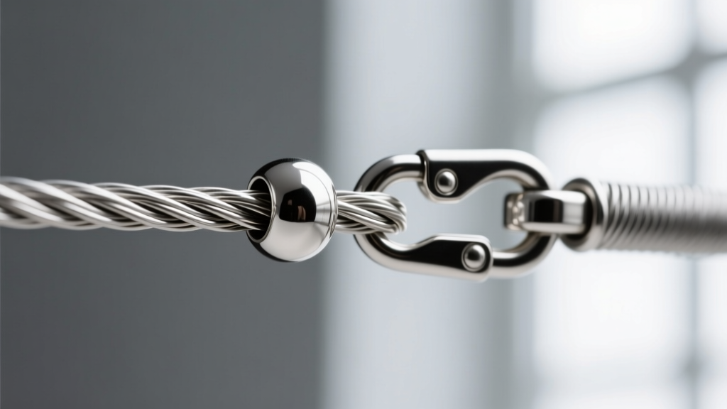 Macro shot of 49-strand nylon-coated steel wire passing through a silver crimp bead and secure lobster clasp, sharp macro focus