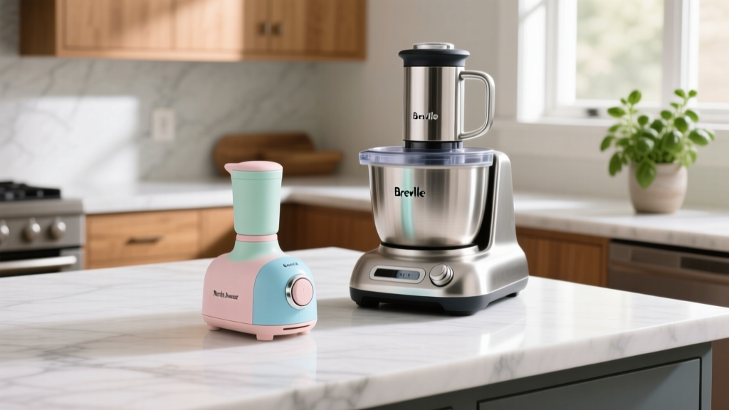 Pastel Martha Stewart mini chopper next to a stainless steel Breville Sous Chef food processor on a white marble kitchen island countertop.