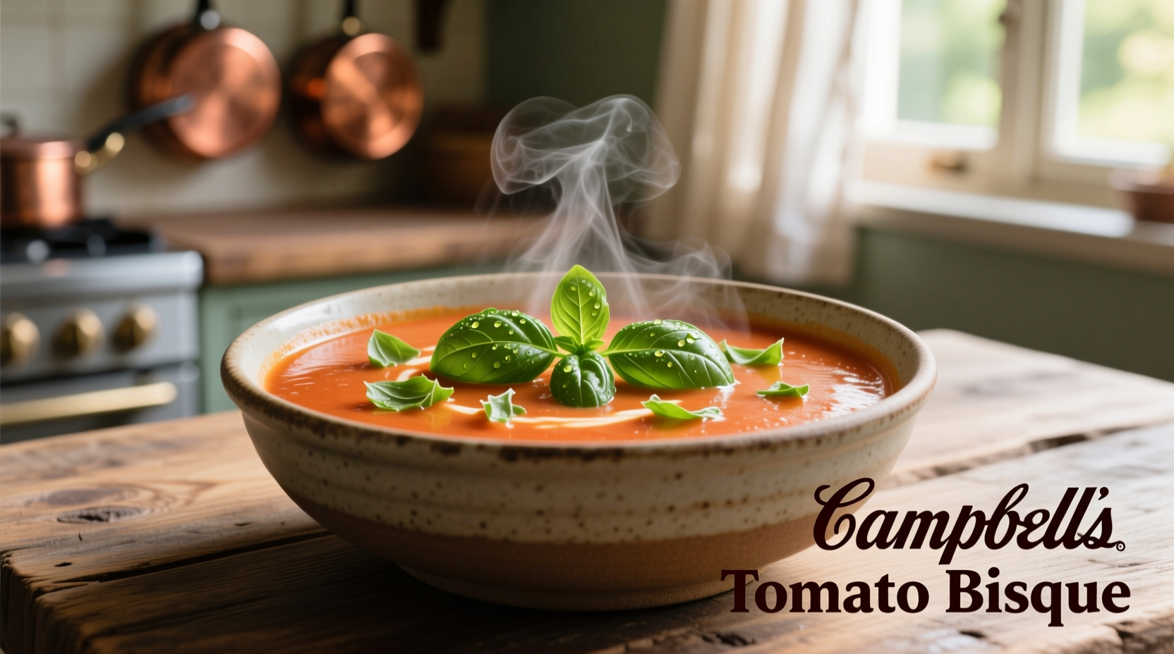 Campbell's tomato bisque in bowl with fresh basil