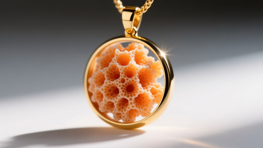 Macro shot of a stabilized sponge coral pendant showing its porous texture and tangerine hue, set in a 14k yellow gold bezel