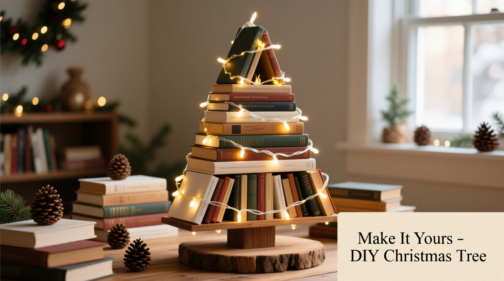 how to make a christmas tree using books and string lights