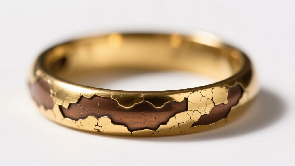 Macro view of a brass ring with peeling gold plating, showing the dull brown base metal against a clean white studio background