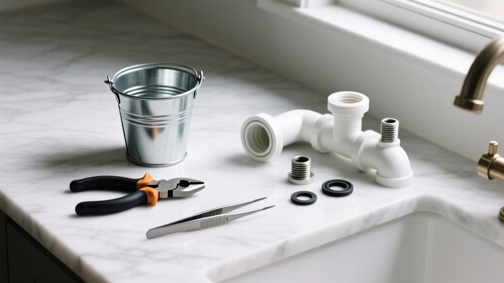 Slip-joint pliers, a small bucket, and tweezers arranged on a marble countertop next to a disassembled white PVC sink trap.