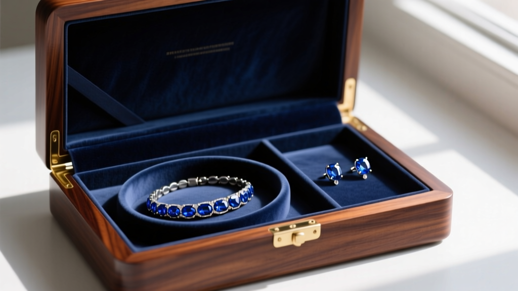 Mahogany jewelry box with navy velvet, displaying separate compartments for a sapphire tennis bracelet and sapphire stud earrings.