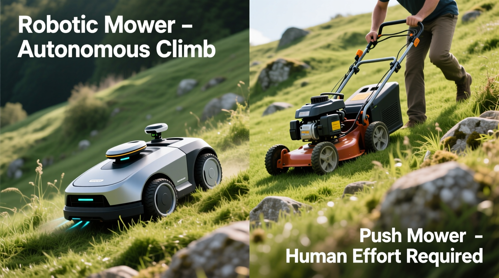 robot lawn mower vs push mower does it actually handle hills or just get stuck
