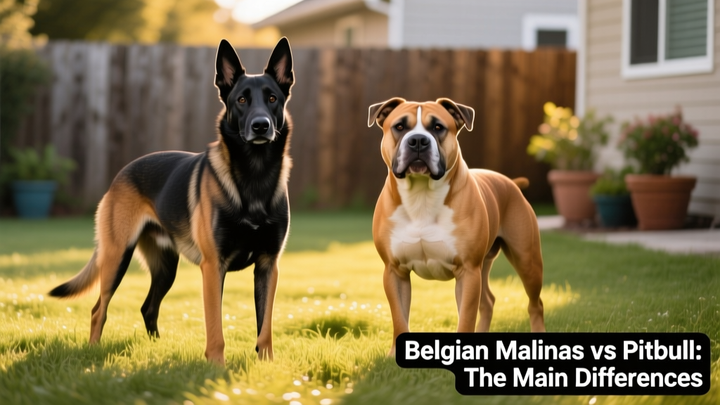 Side-by-side comparison of a Belgian Malinois and an American Pit Bull Terrier standing confidently on grass