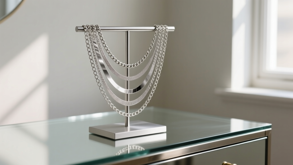Wide-base brushed steel necklace stand holder supporting multiple layered silver chains, demonstrating stability on a glass dresser.