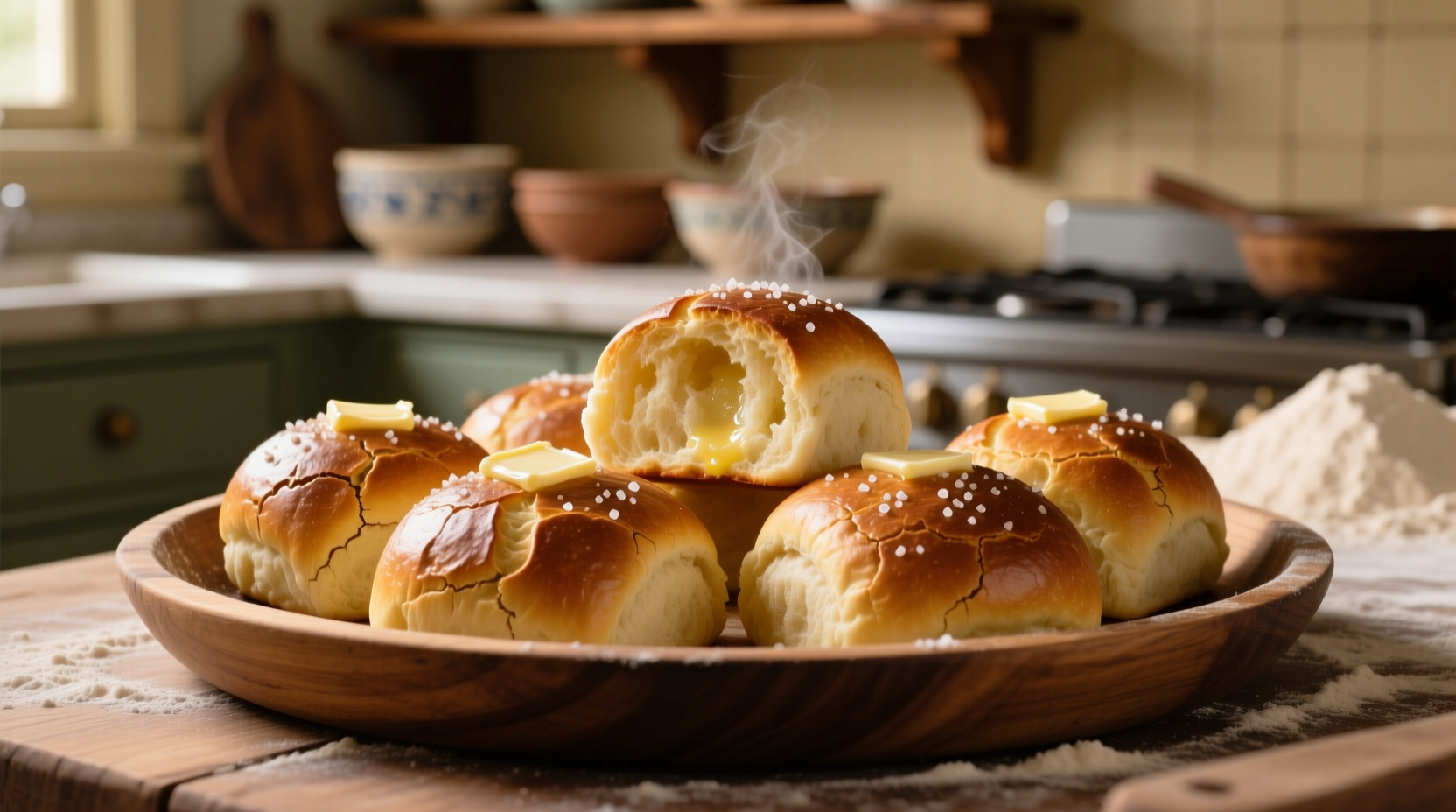 Freshly baked potato dinner rolls golden brown