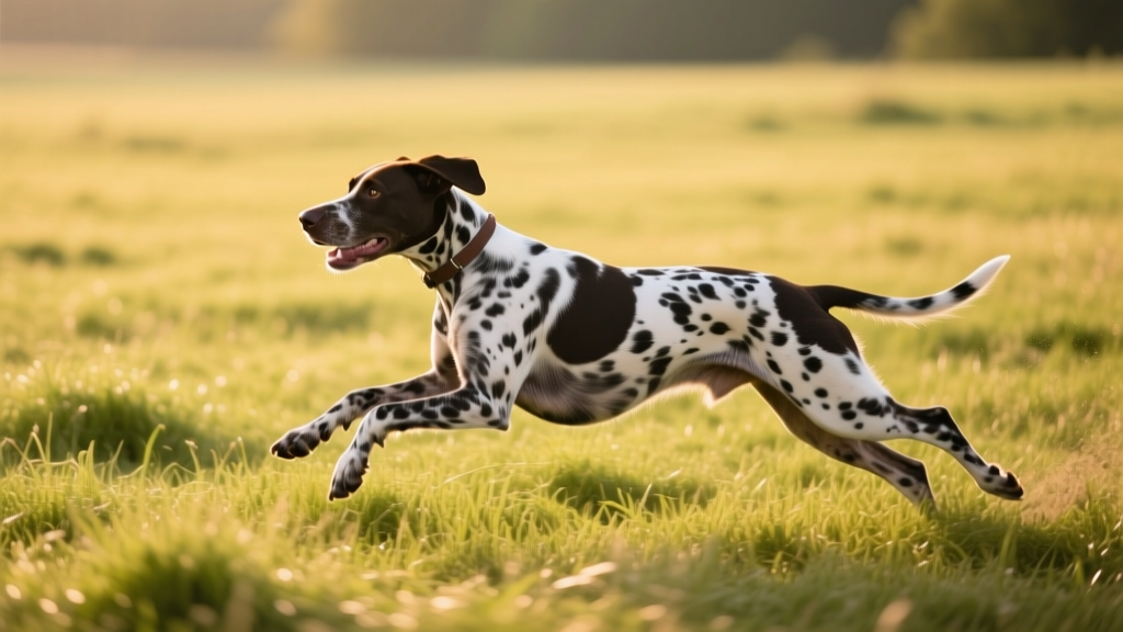 Pointer mid-stride in open grassy field, focused and alert