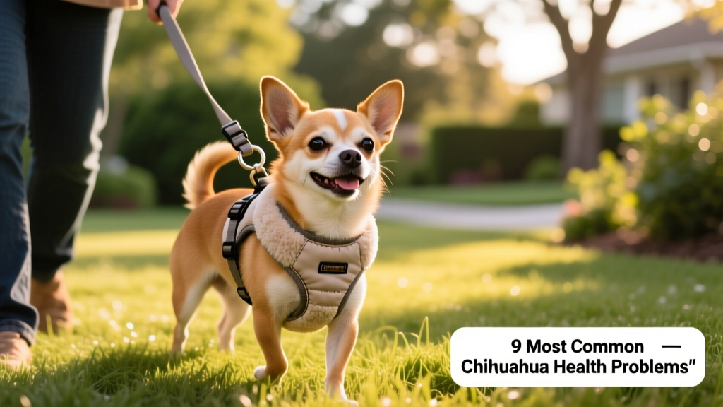 Happy Chihuahua wearing a soft, padded harness with handle, walking calmly beside owner on grass