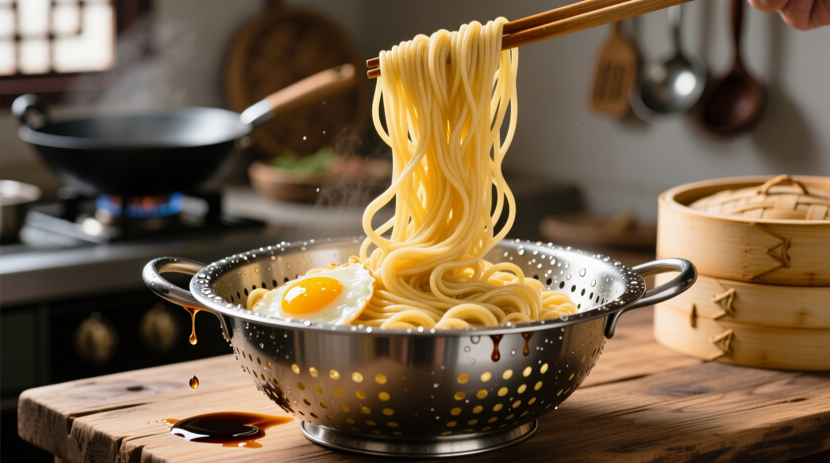Perfectly cooked egg noodles in colander