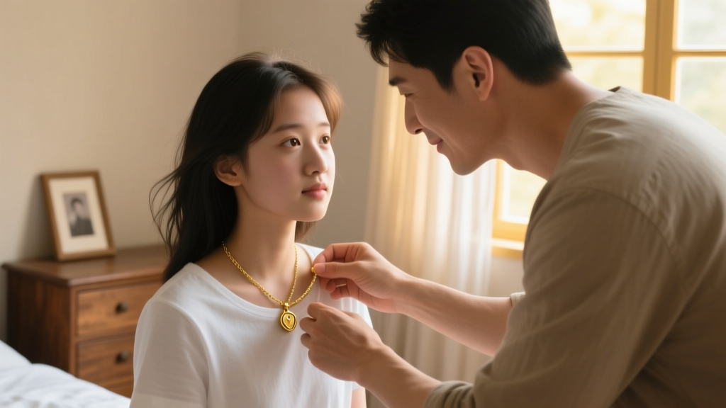 A heartwarming scene of a father fastening a delicate 14k gold pendant necklace around his teenage daughter neck in a softly lit room