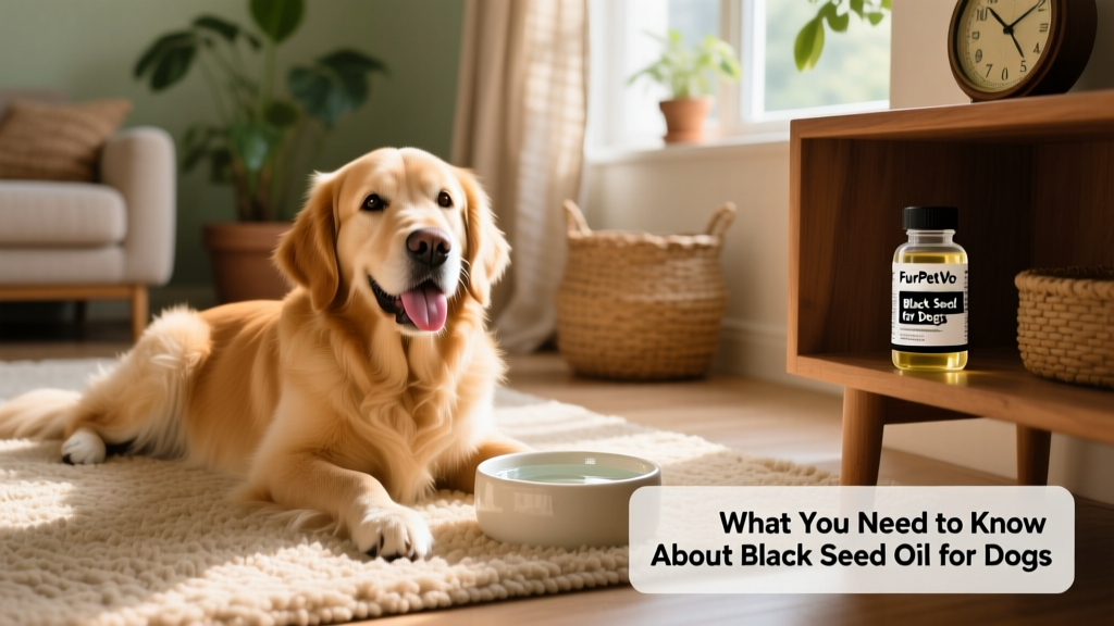Happy, healthy dog resting on a rug with a clean water bowl nearby and a small FurPetVo supplement bottle visible on a nearby shelf