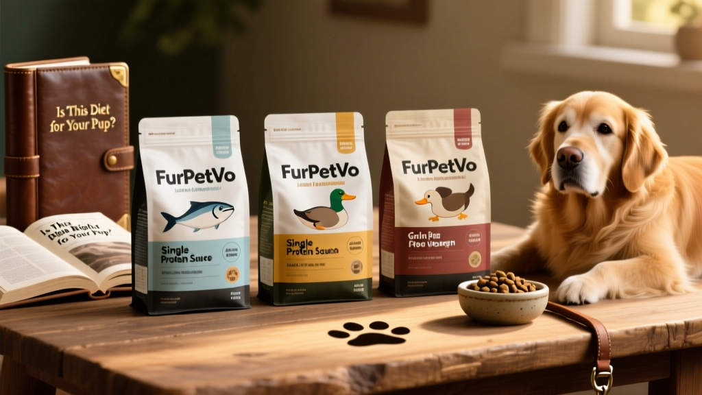 A side-by-side comparison of three FurPetVo limited ingredient dry food bags—whitefish, duck, and venison—with clear labeling highlighting 'single protein source' and 'grain-free option'