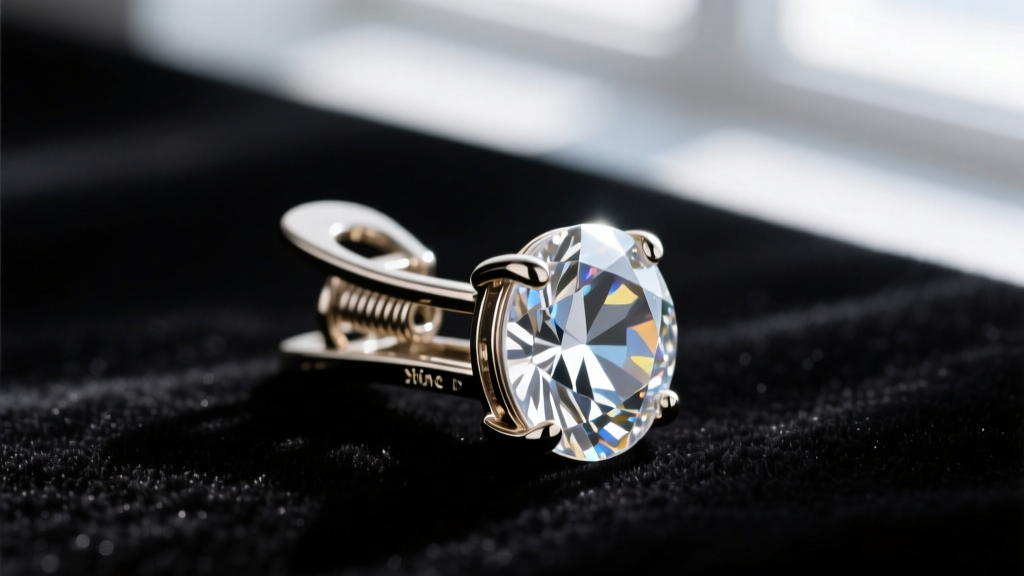 Close-up of rhinestone clip on earrings on dark velvet, highlighting the metal paddle clip mechanism and clear glass stones.