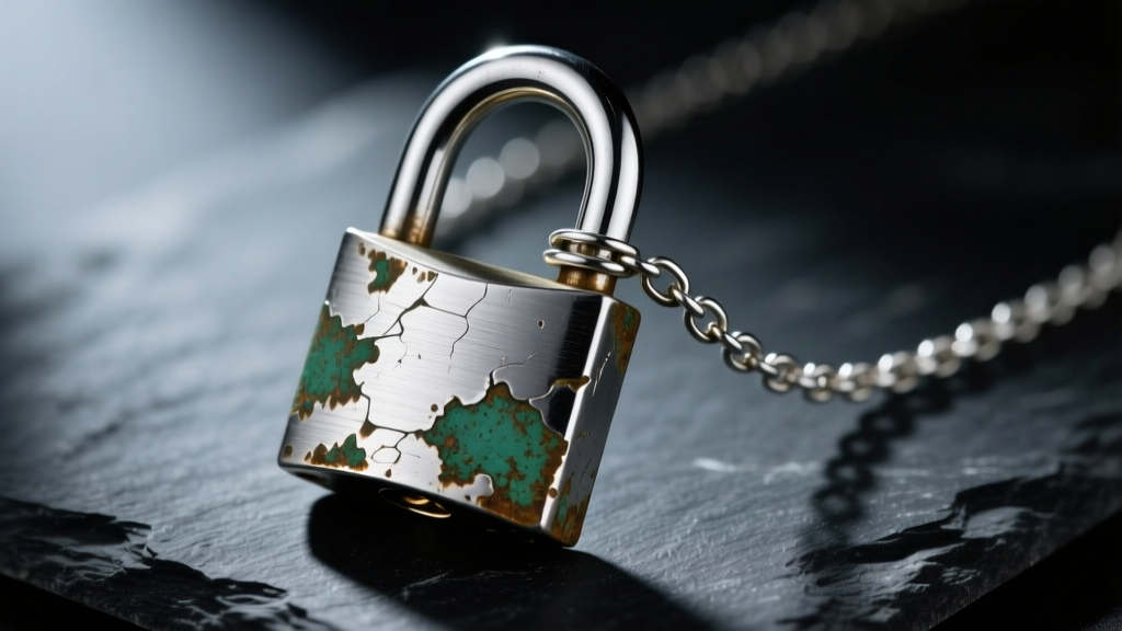 Macro shot of a tarnished 925 sterling silver padlock necklace with a stuck shackle on dark slate under moody directional lighting