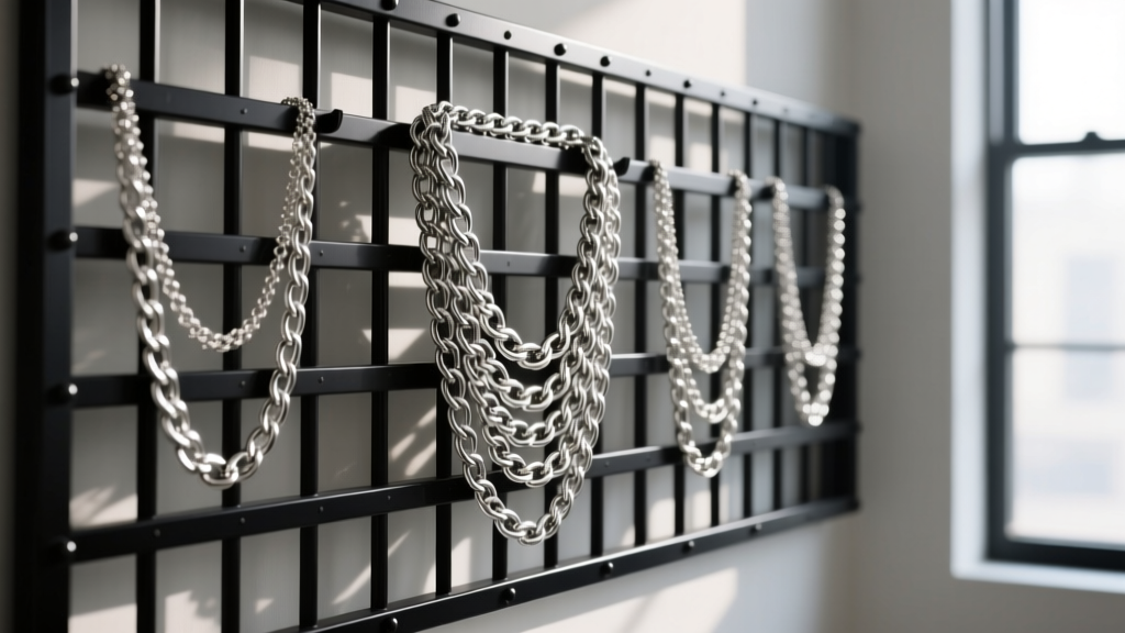 Matte black powder-coated steel wall grid holding heavy silver chain necklaces without any visible signs of rust or metal transfer