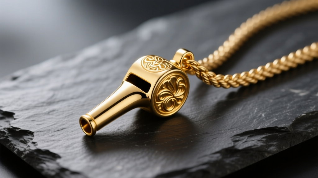 Polished 14k yellow gold whistle pendant resting on dark slate, reflecting soft studio lighting with a thick rope chain attached.
