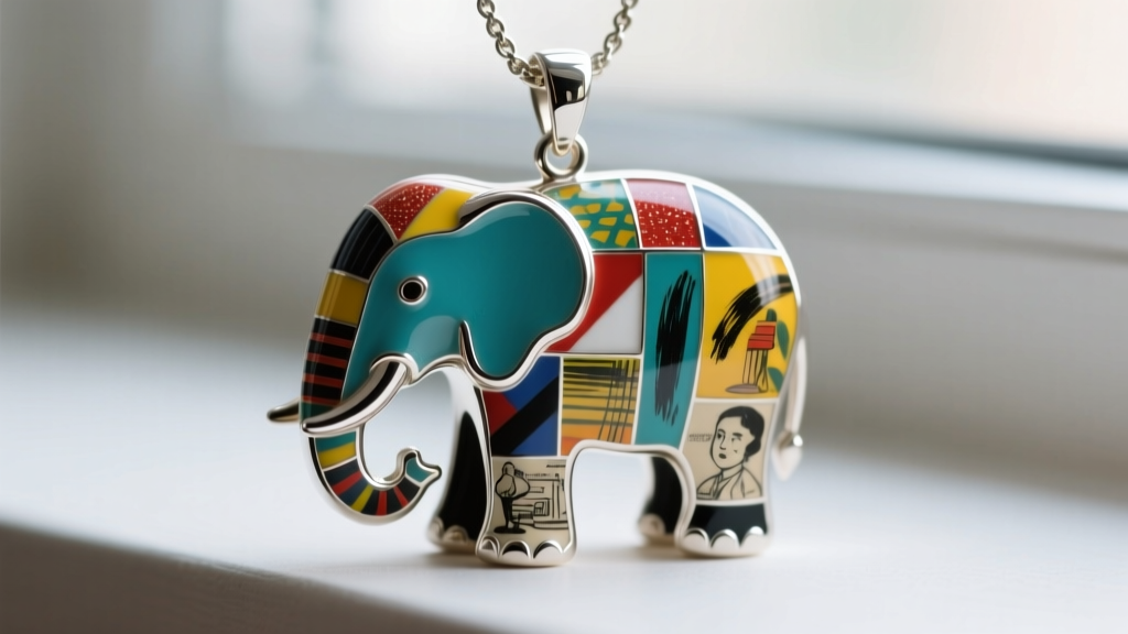 Macro shot of a cold enamel pop-art elephant pendant revealing the silver bezel edge and vibrant, textured collage print surface