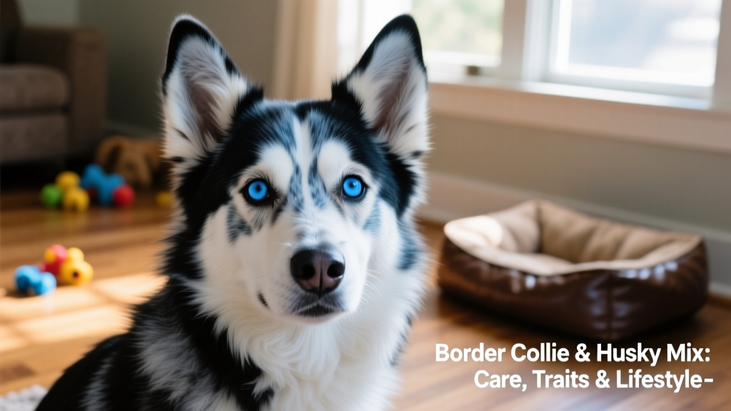 Close-up portrait of a young Border Collie-Husky mix showing bright blue eyes, fluffy ruff, and alert posture