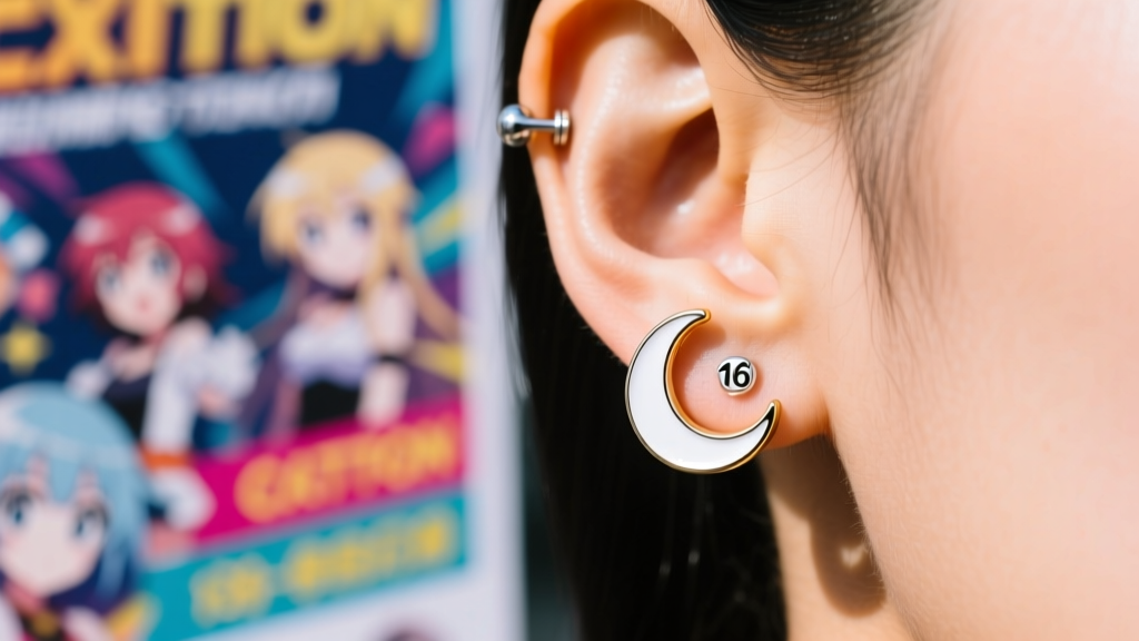 Crescent moon enamel earring on a cartilage piercing, showing a 16-gauge backing against a softly blurred anime convention poster.