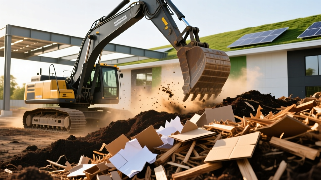 Excavator turning a compost pile of shredded cardboard and untreated wood chips at a sustainable construction site
