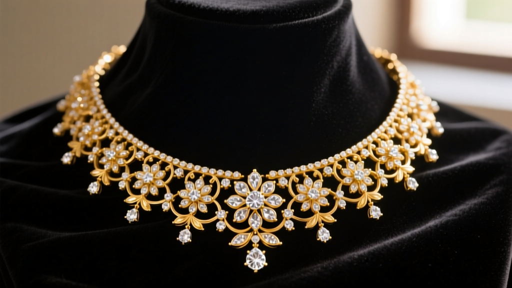 A traditional Kerala 22k gold diamond choker necklace with floral motifs and VS1 clarity diamonds displayed on dark velvet fabric
