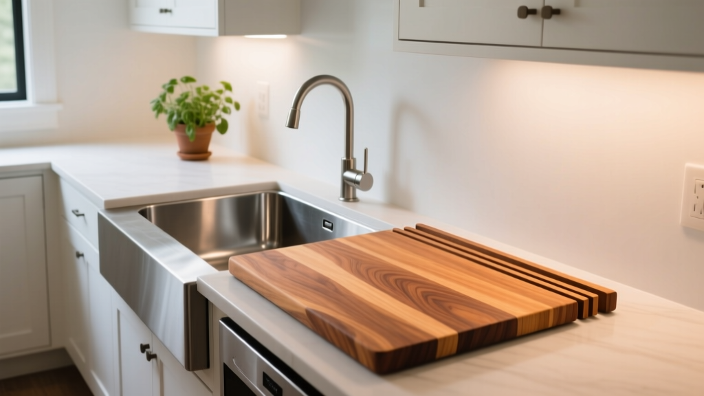 Over-the-sink teak cutting board with extended wooden tracks resting over a stainless steel farmhouse sink in a narrow galley kitchen