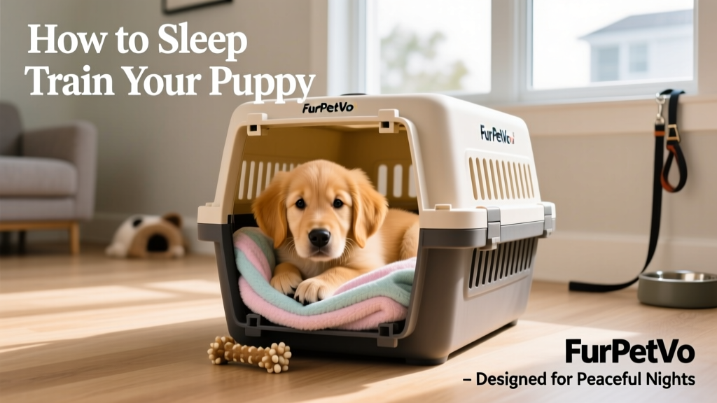 A puppy settling into a FurPetVo-branded crate with a soft blanket and chew toy nearby