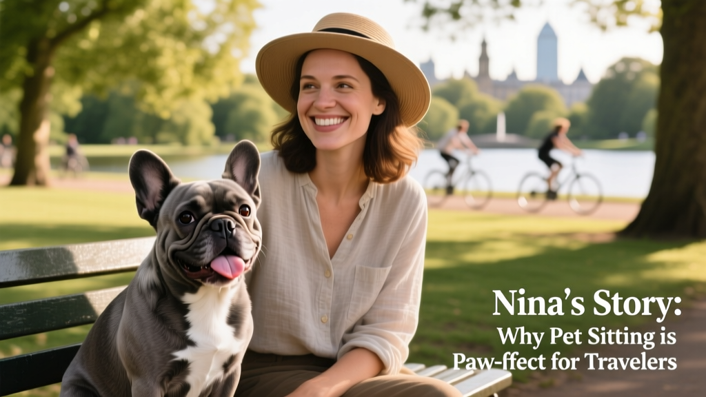 Lola the French bulldog sitting beside Nina on a park bench in London, both looking relaxed and happy