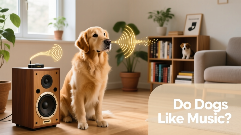 A golden retriever sitting attentively beside a speaker playing soft music
