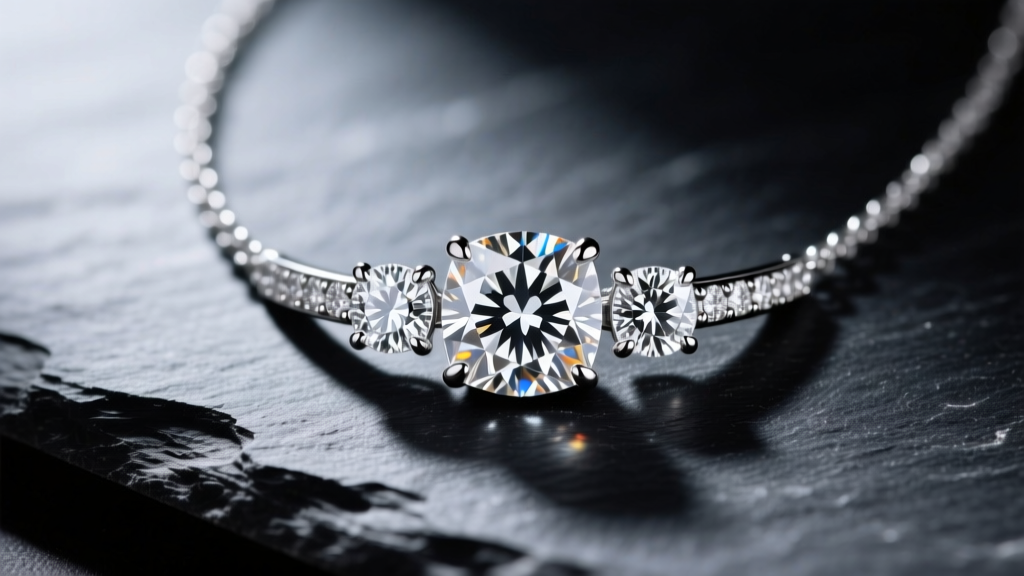 Close-up of a platinum 3 diamond pendant necklace on dark slate, showing a graduated trilogy setting with brilliant light reflection.