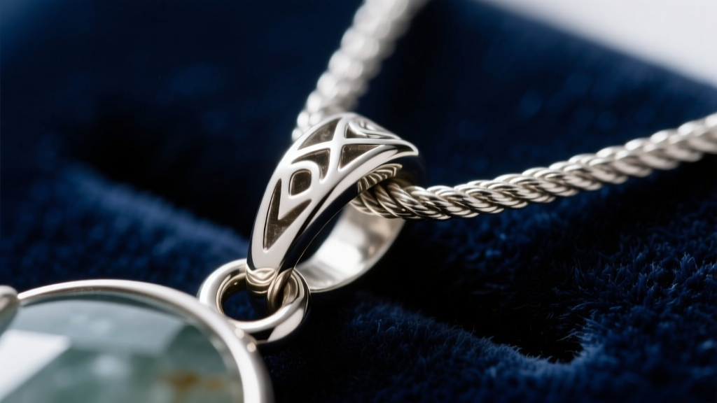 Macro shot of a 3mm silver rope chain threading through a narrow pendant bail, showing tight fit and friction on a dark velvet mat