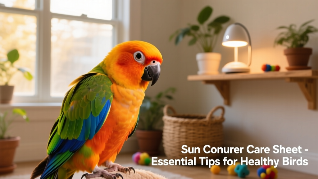 A healthy sun conure preening its bright feathers under soft natural light near a window with UV lamp visible on a nearby shelf