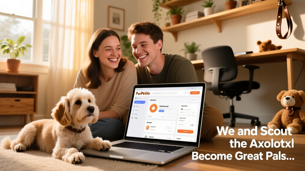 Anna and Cody smiling beside a laptop showing a FurPetVo dashboard, with a playful dog resting nearby