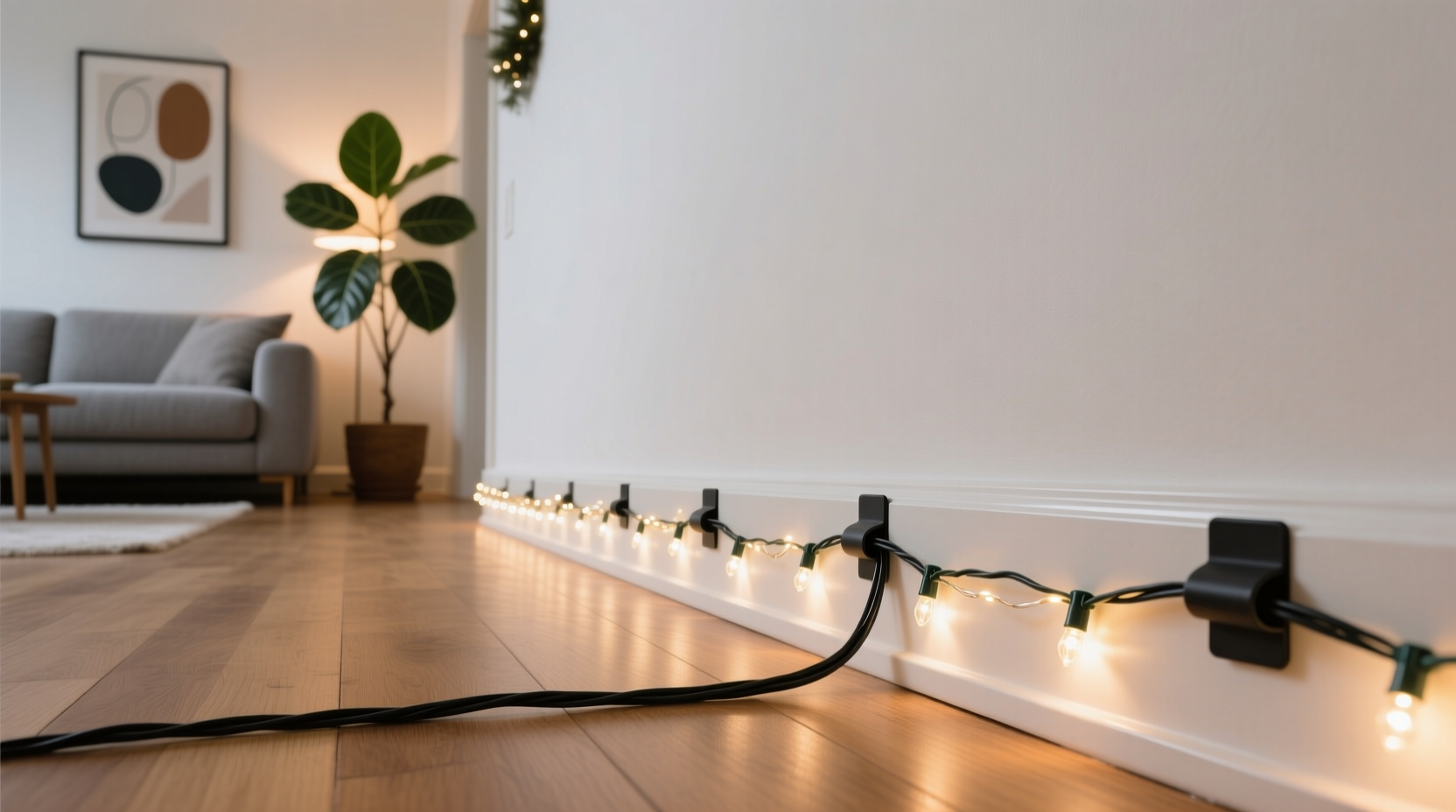 how to hide christmas light cords neatly along baseboards
