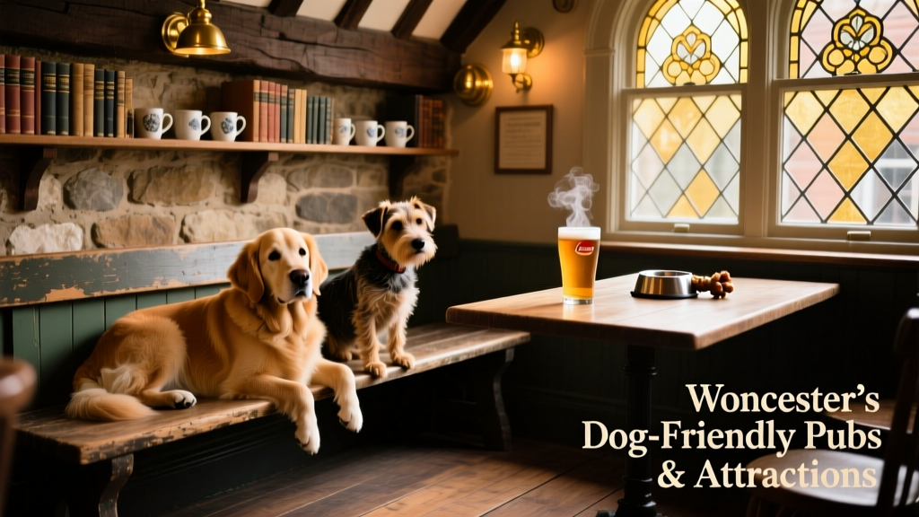 Two dogs relaxing comfortably inside a warm, historic dog-friendly pub in Worcester