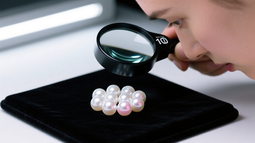 Gemologist inspecting white Akoya pearls with a 10x loupe under cool LED grading lights, resting on a black velvet appraisal pad.