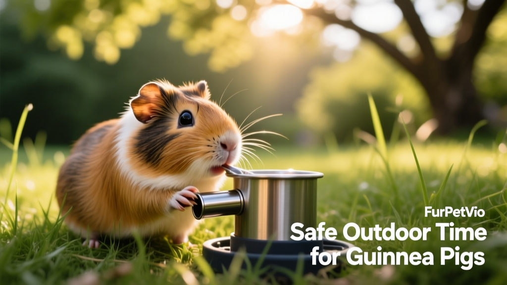Close-up of a guinea pig drinking from a FurPetVo outdoor waterer in a shaded grassy area