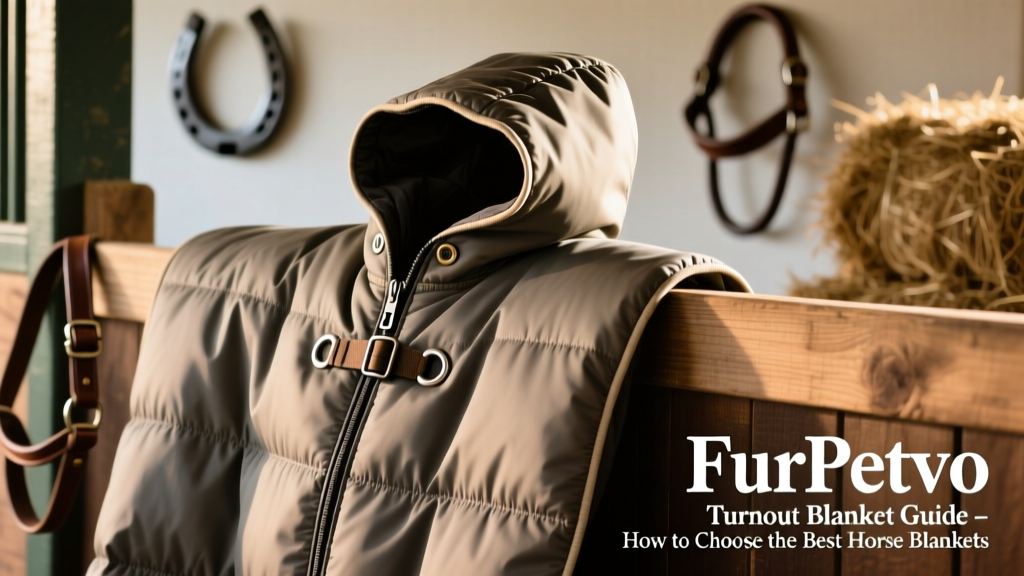 Close-up of a FurPetVo turnout blanket showing stitching, adjustable straps, and detachable hood