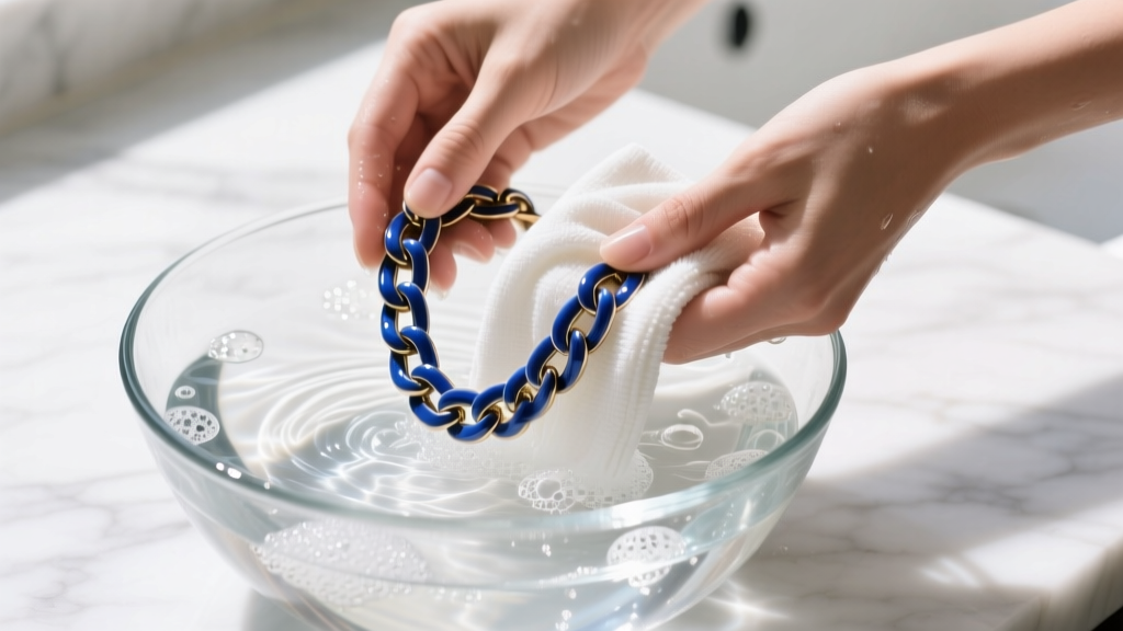 Hands washing a blue enamel chain necklace in a glass bowl of soapy water, using a microfiber cloth in bright natural light.